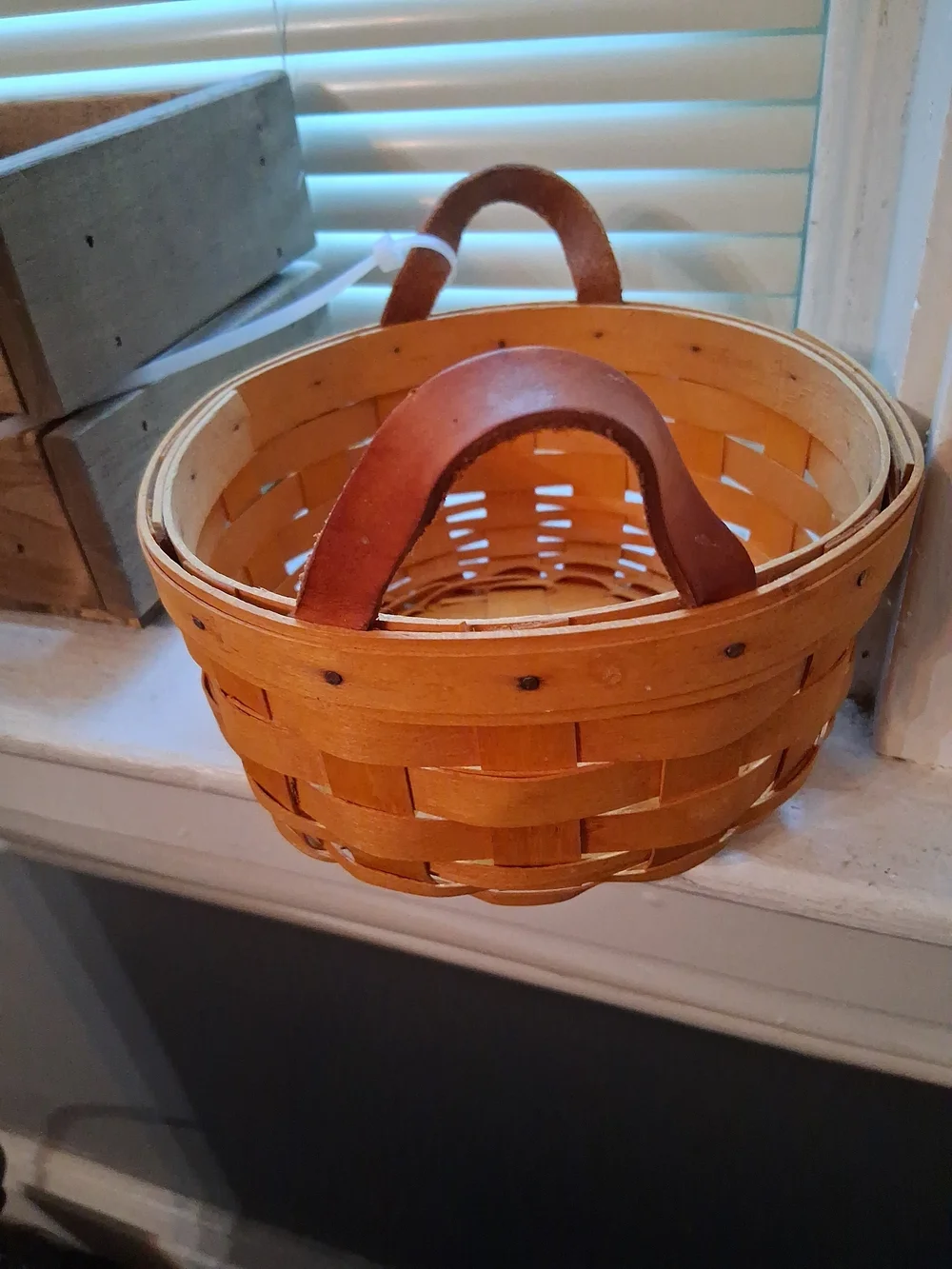 1998 Longaberger Natural Woven Basket with Brown Leather Handles
